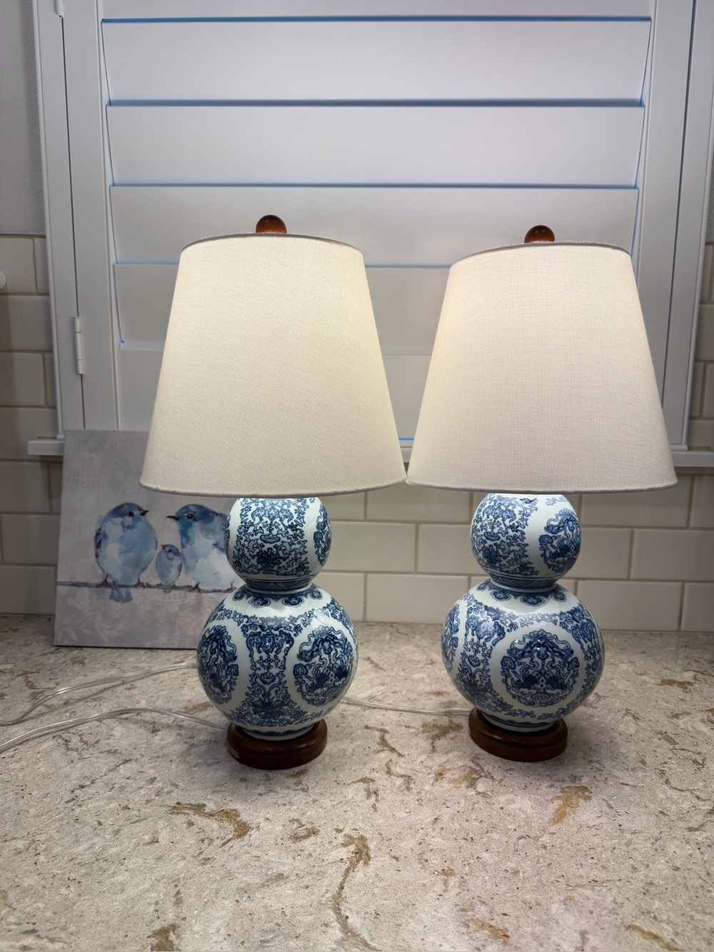 Ralph Lauren Home Blue & White Porcelain Double Gourd Table Lamps. Pair.